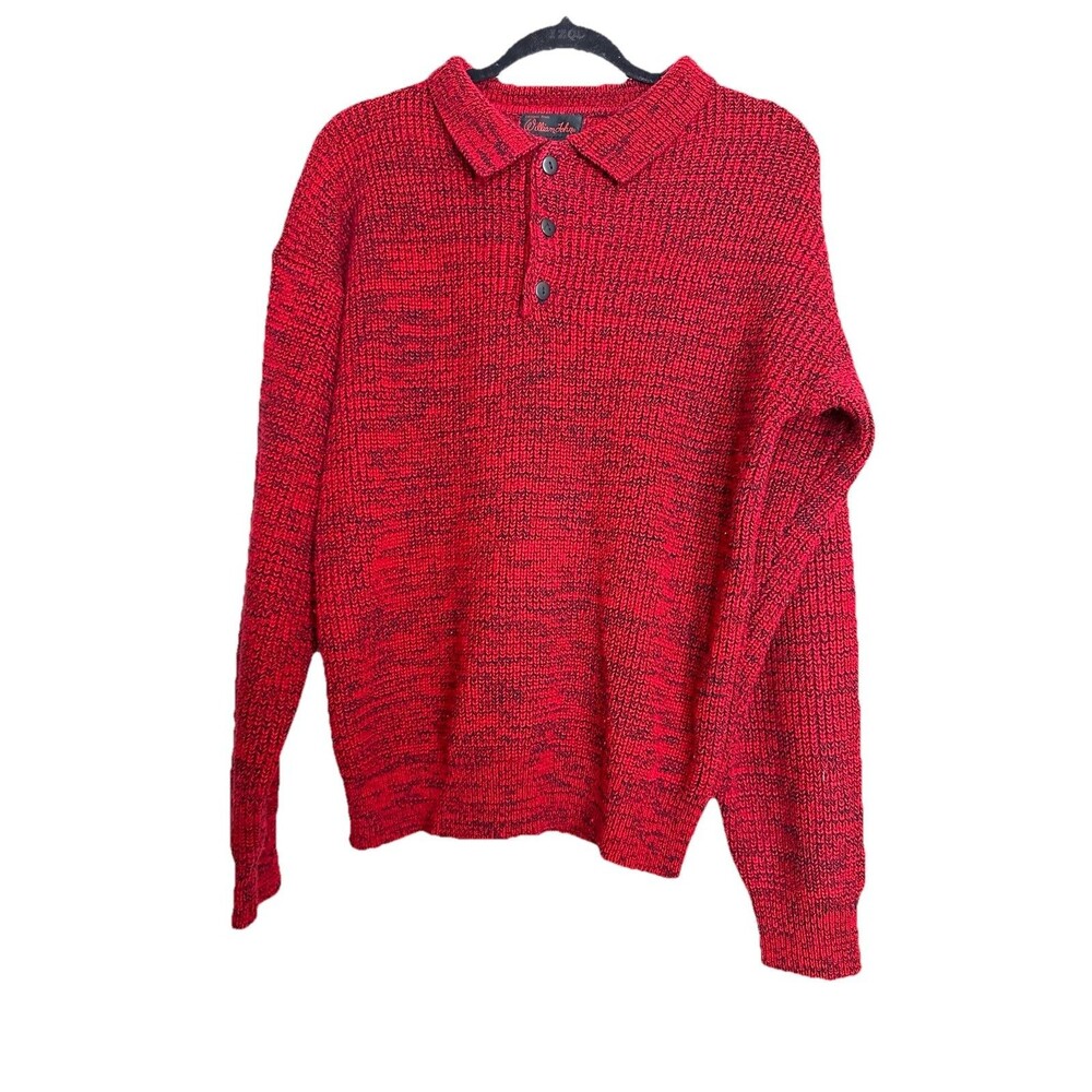 Vtg 80s 90s Red Black Knit Polo Collar Sweater Pullover Retro Large